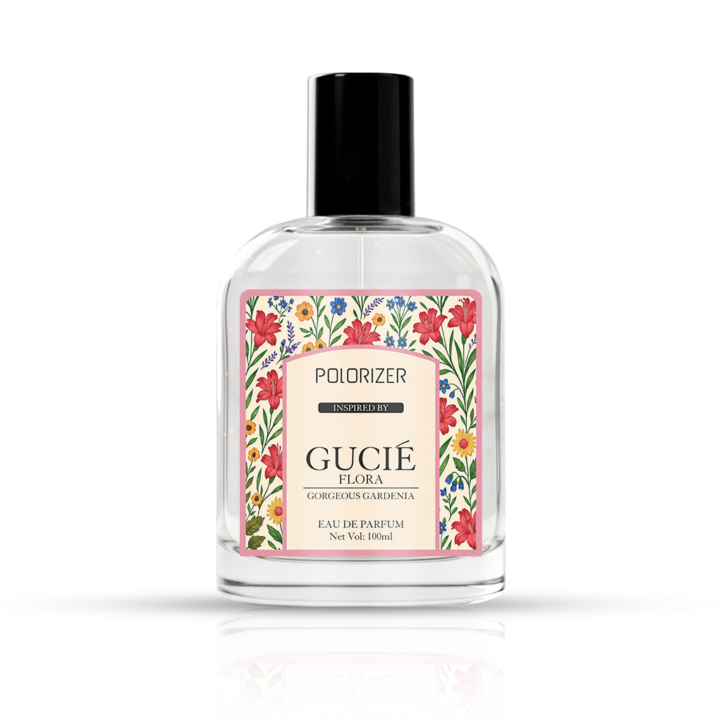 Gucie Flora Perfume For Women bottle showcasing a refined floral fragrance with elegant floral design.
